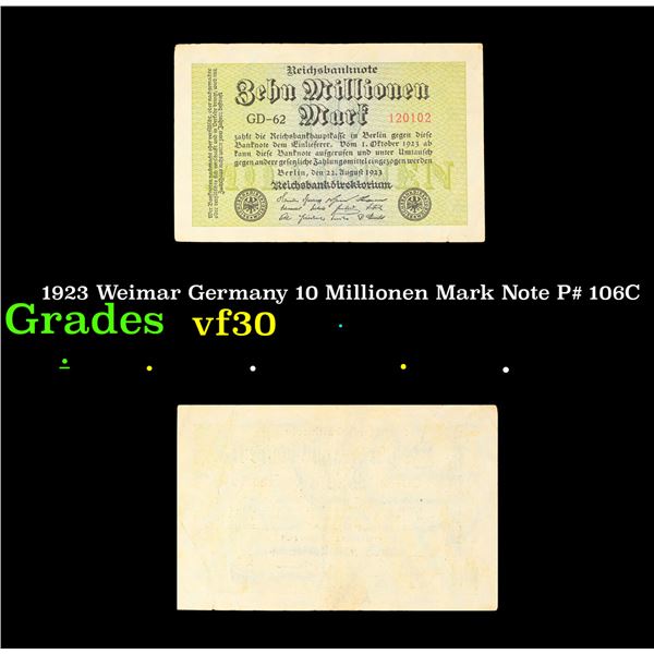 1923 Weimar Germany 10 Millionen Mark Note P# 106C Grades vf++