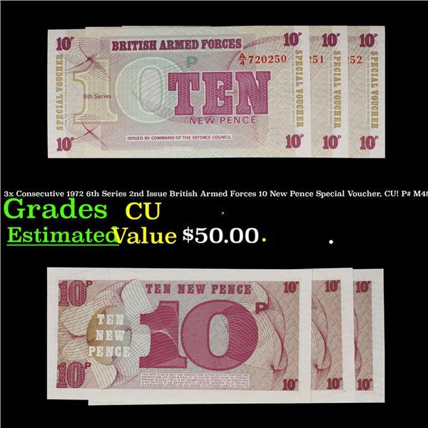 3x Consecutive 1972 6th Series 2nd Issue British Armed Forces 10 New Pence Special Voucher, CU! P# M