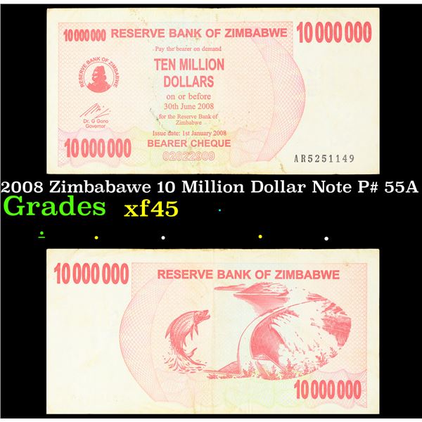 2008 Zimbabawe 10 Million Dollar Note P# 55A Grades xf+