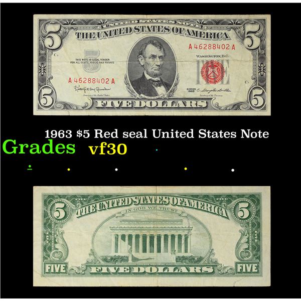 1963 $5 Red seal United States Note Grades vf++