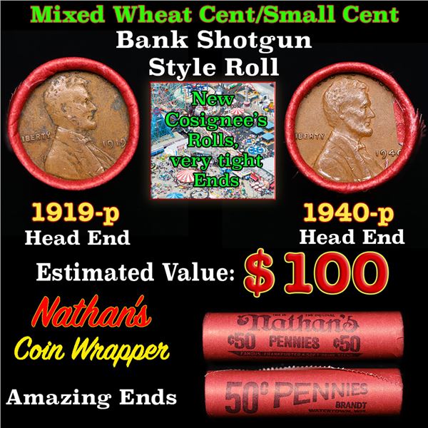 Mixed small cents 1c orig shotgun roll, 1940-p Lincoln Cent, 1919-p Lincoln Cent other end, Nathan's
