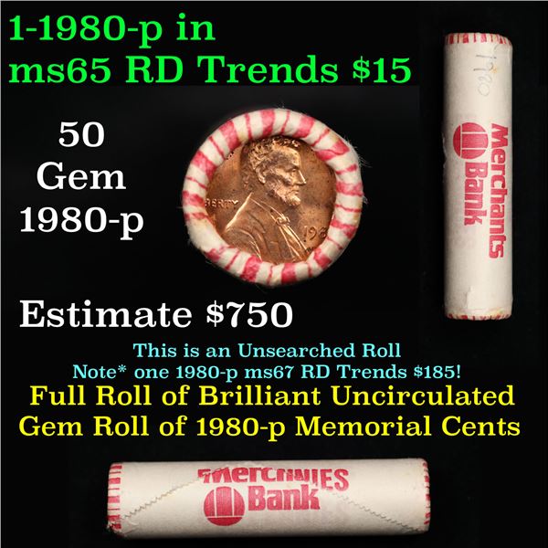 Shotgun Lincoln 1c roll, 1980-p 50 pcs Merchants Bank Wrapper.