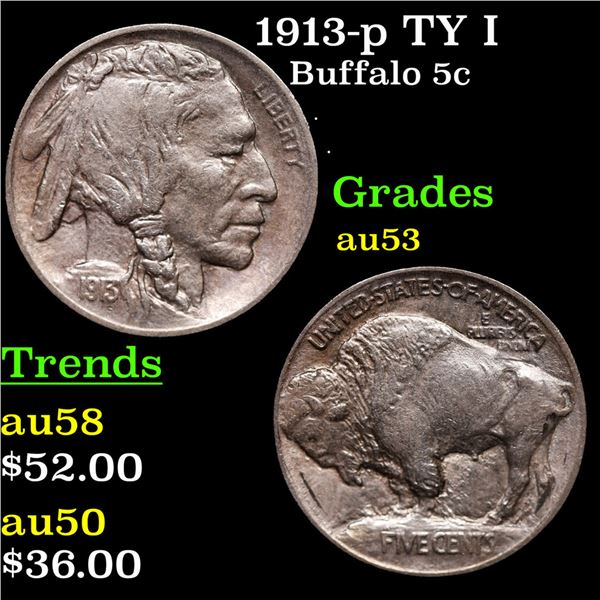 1913-p TY I Buffalo Nickel 5c Grades Select AU