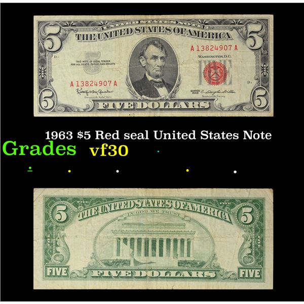 1963 $5 Red seal United States Note Grades vf++