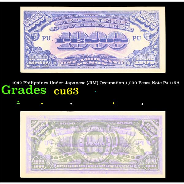 1942 Philippines Under Japanese (JIM) Occupation 1,000 Pesos Note P# 115A Grades Select CU