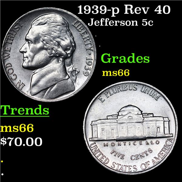 1939-p Jefferson Nickel Rev 40 5c Grades GEM+ Unc