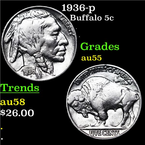 1936-p Buffalo Nickel 5c Grades Choice AU