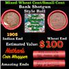 Image 1 : Mixed small cents 1c orig shotgun roll,  Wheat Cent, 1905 Indian Cent other end, Nathan's Brandt Wra
