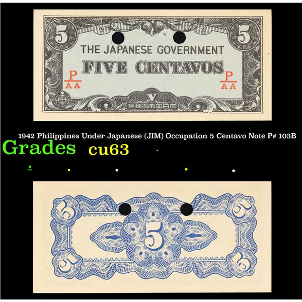 1942 Philippines Under Japanese (JIM) Occupation 5 Centavo Note P# 103B Grades Select CU