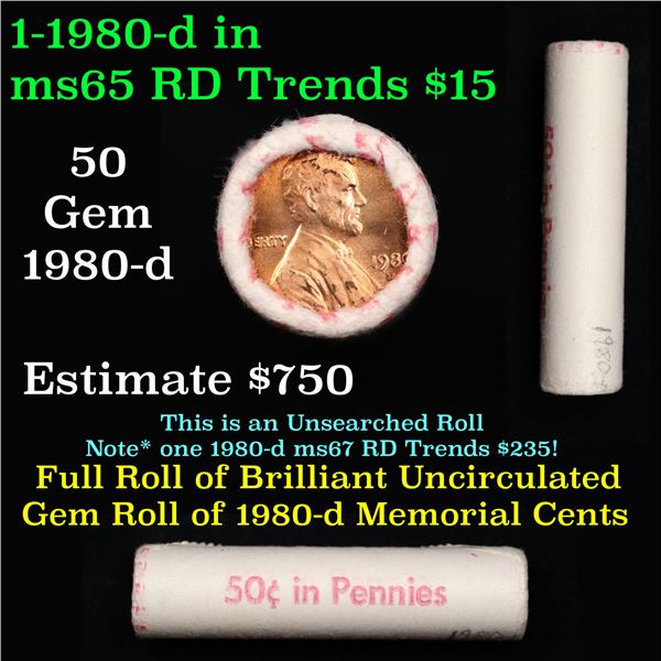 Shotgun Lincoln 1c roll, 1980-d 50 pcs 50c in Pennies Wrapper.