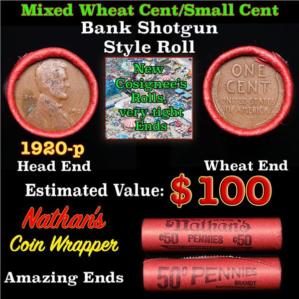Mixed small cents 1c orig shotgun roll, 1920-p Lincoln Cent, Wheat Cent other end, Nathan's Brandt W
