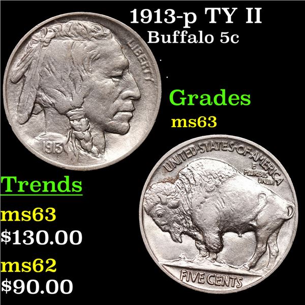 1913-p TY II Buffalo Nickel 5c Grades Select Unc