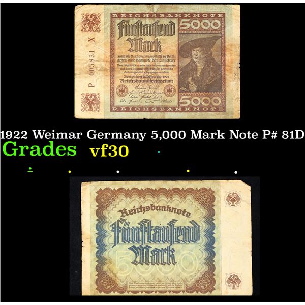 1922 Weimar Germany 5,000 Mark Note P# 81D Grades vf++