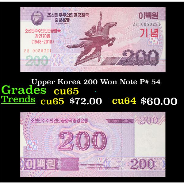 Upper Korea 200 Won Note P# 54 Grades Gem CU
