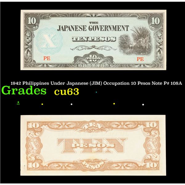 1942 Philippines Under Japanese (JIM) Occupation 10 Pesos Note P# 108A Grades Select CU