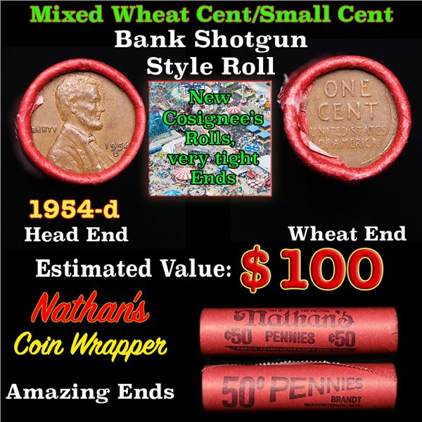 Mixed small cents 1c orig shotgun roll, 1954-d Lincoln Cent, Wheat Cent other end, Nathan's Brandt W