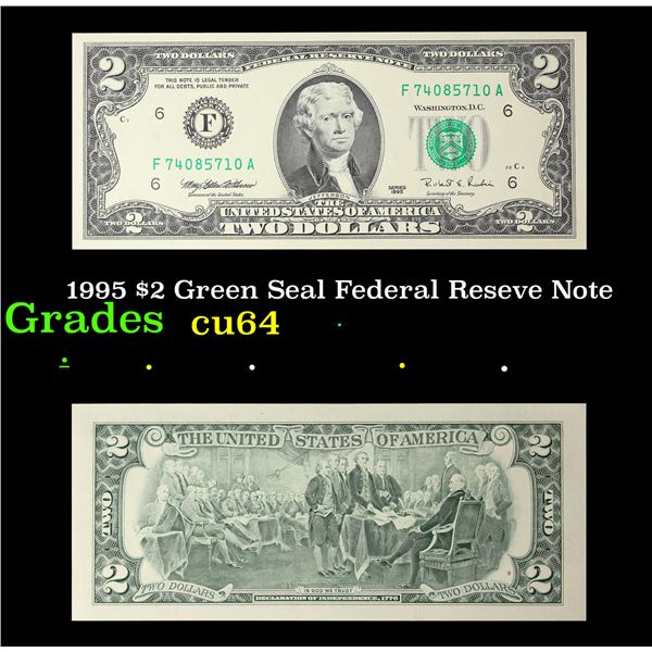 1995 $2 Green Seal Federal Reseve Note Grades Choice CU