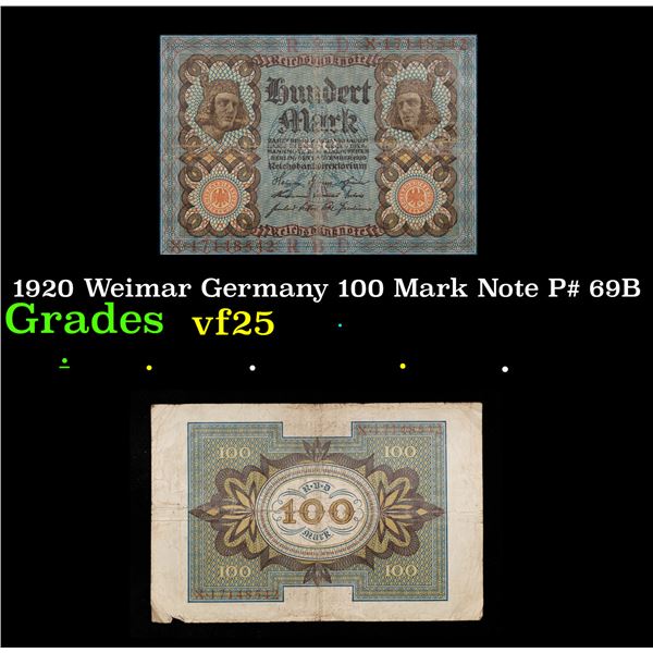 1920 Weimar Germany 100 Mark Note P# 69B Grades vf+