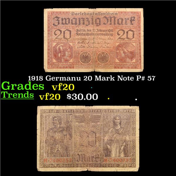 1918 Germanu 20 Mark Note P# 57 Grades vf, very fine