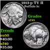 Image 1 : 1913-p TY II Buffalo Nickel 5c Grades xf+
