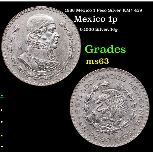 1966 Mexico 1 Peso Silver KM# 459 Grades Select Unc