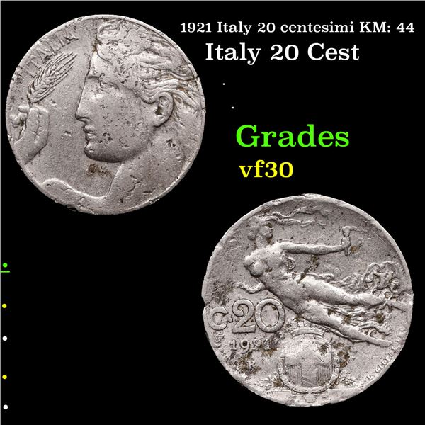 1921 Italy 20 centesimi KM: 44 Grades vf++