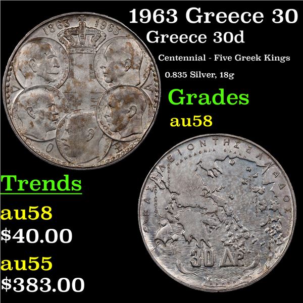 1963 Greece 30 Drachmai Silver KM# 86 Grades Choice AU/BU Slider