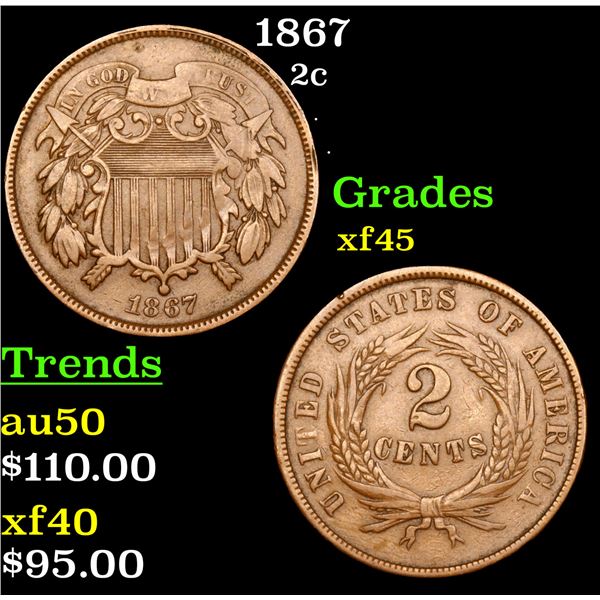 1867 Two Cent Piece 2c Grades xf+