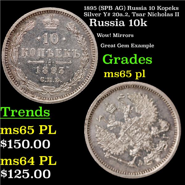 1895 (SPB AG) Russia 10 Kopeks Silver Y# 20a.2, Tsar Nicholas II Grades GEM Unc PL