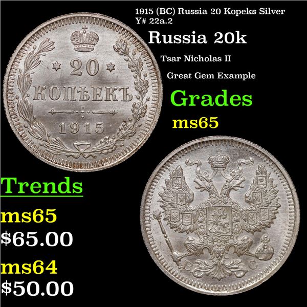 1915 (BC) Russia 20 Kopeks Silver Y# 22a.2 Grades GEM Unc