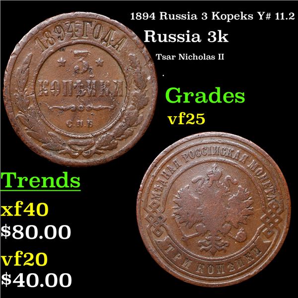 1894 Russia 3 Kopeks Y# 11.2 Grades vf+