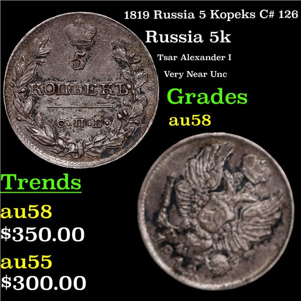1819 Russia 5 Kopeks C# 126 Grades Choice AU/BU Slider
