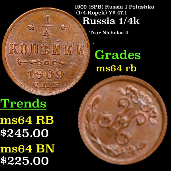 1909 (SPB) Russia 1 Polushka (1/4 Kopek) Y# 47.1 Grades Choice Unc RB