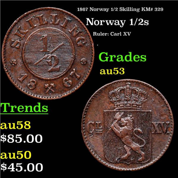 1867 Norway 1/2 Skilling KM# 329 Grades Select AU