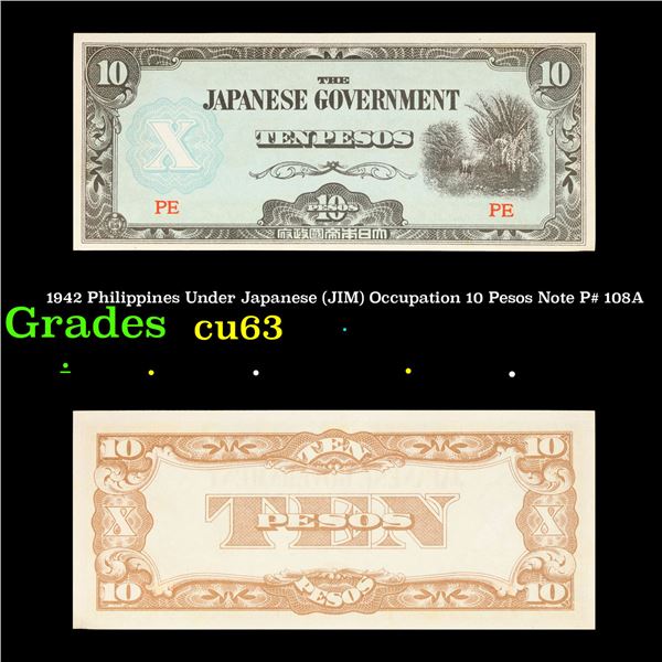 1942 Philippines Under Japanese (JIM) Occupation 10 Pesos Note P# 108A Grades Select CU