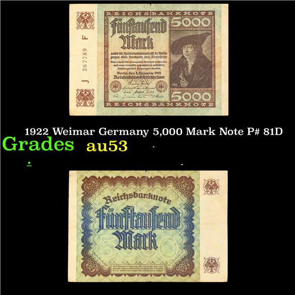 1922 Weimar Germany 5,000 Mark Note P# 81D Grades Select AU