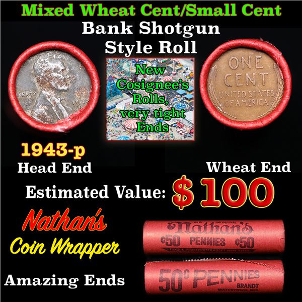 Mixed small cents 1c orig shotgun roll, 1943-d Lincoln Cent, Wheat Cent other end, Nathan's Brandt W