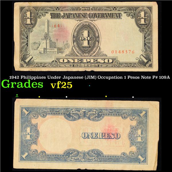 1942 Philippines Under Japanese (JIM) Occupation 1 Pesos Note P# 109A Grades vf+