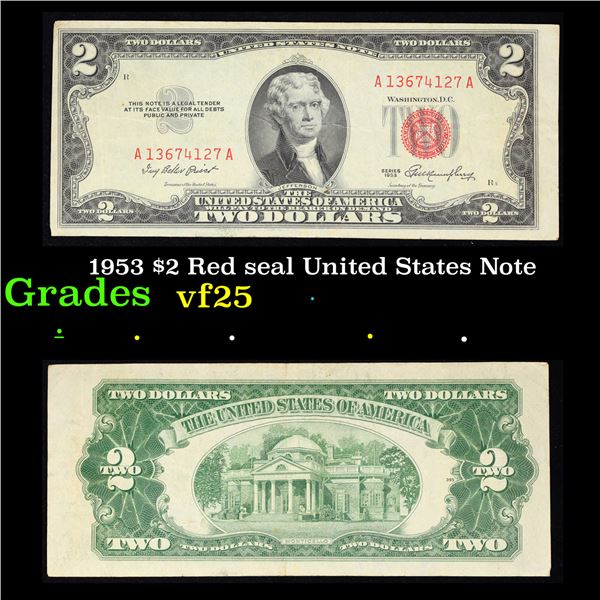 1953 $2 Red seal United States Note Grades vf+