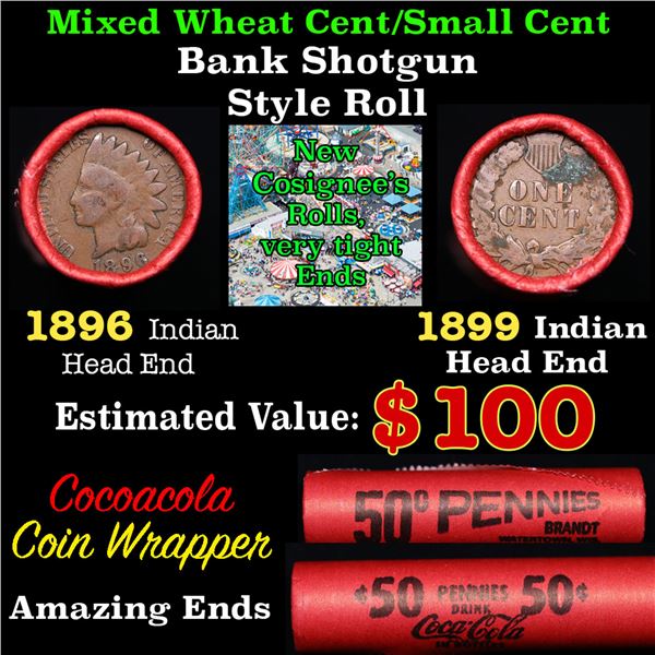 Mixed small cents 1c orig shotgun roll, Wheat Cent, 1896 Indian Cent other end, Coke Wrapper.