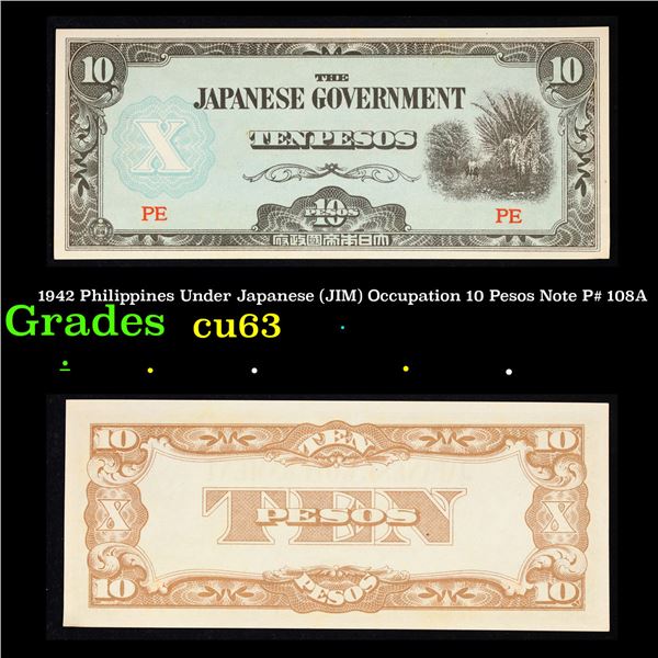 1942 Philippines Under Japanese (JIM) Occupation 10 Pesos Note P# 108A Grades Select CU