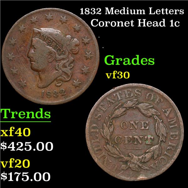 1832 Medium Letters Coronet Head Large Cent 1c Grades vf++