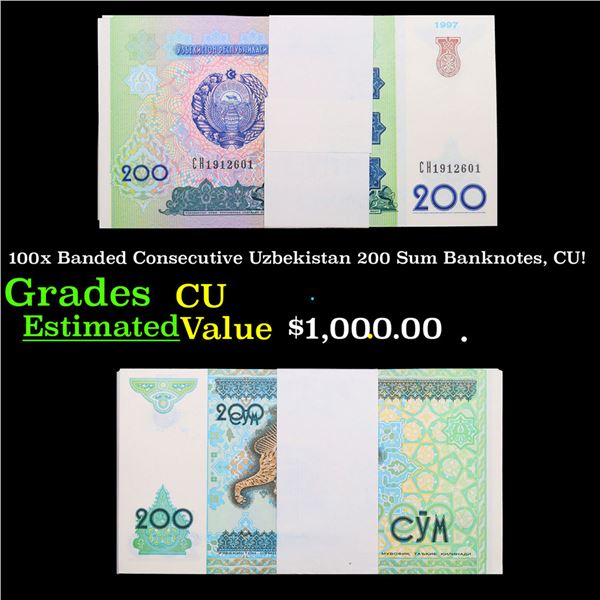 100x Banded Consecutive Uzbekistan 200 Sum Banknotes, CU! Grades CU