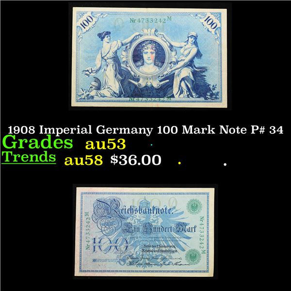1908 Imperial Germany 100 Mark Note P# 34 Grades Select AU