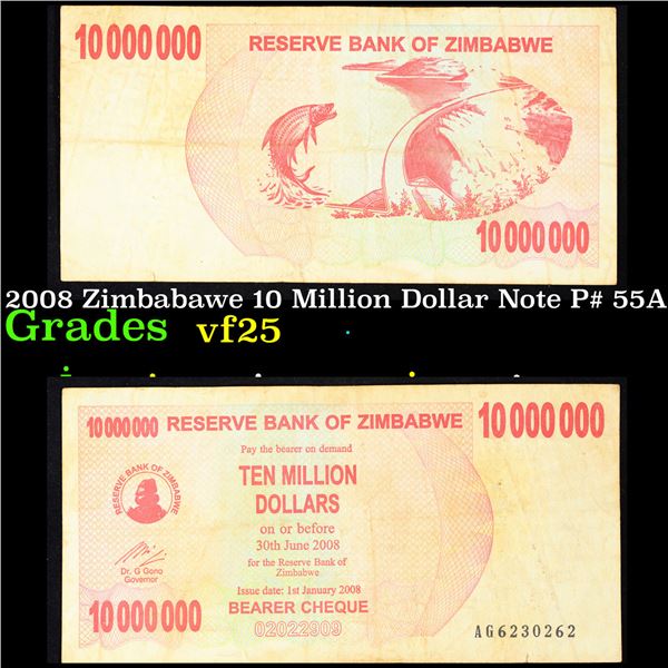 2008 Zimbabawe 10 Million Dollar Note P# 55A Grades vf+