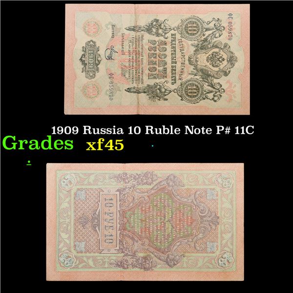 1909 Russia 10 Ruble Note P# 11C Grades xf+