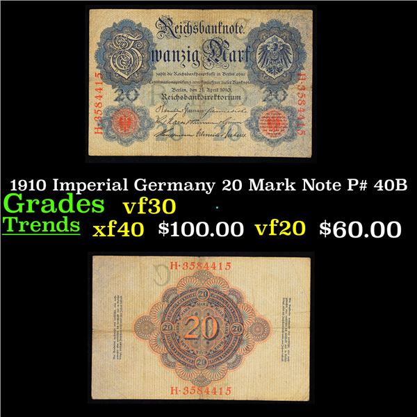 1910 Imperial Germany 20 Mark Note P# 40B Grades vf++