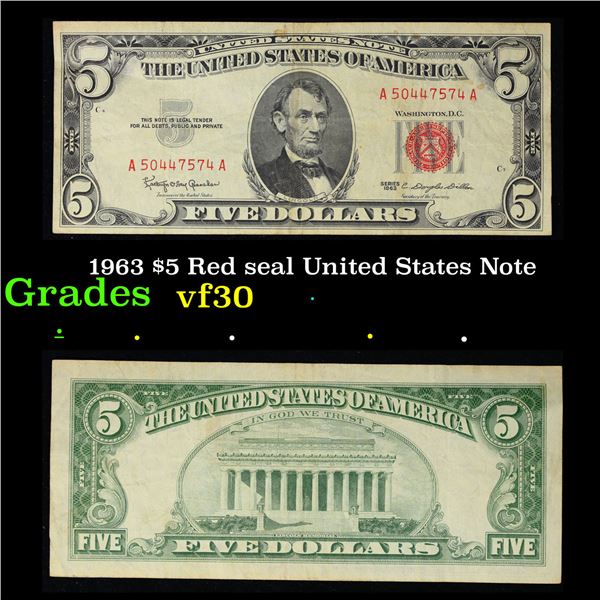 1963 $5 Red seal United States Note Grades vf++