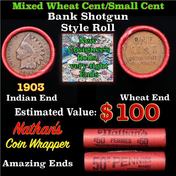 Mixed small cents 1c orig shotgun roll, 1903 Indian Cent, Wheat Cent other end, Nathan's Brandt Wrap