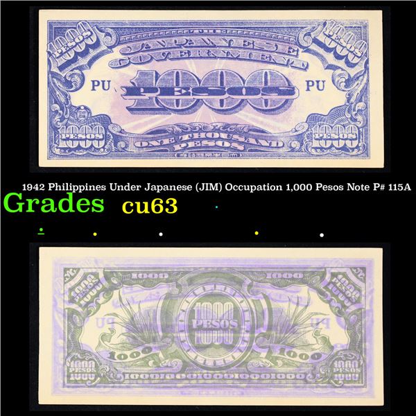 1942 Philippines Under Japanese (JIM) Occupation 1,000 Pesos Note P# 115A Grades Select CU